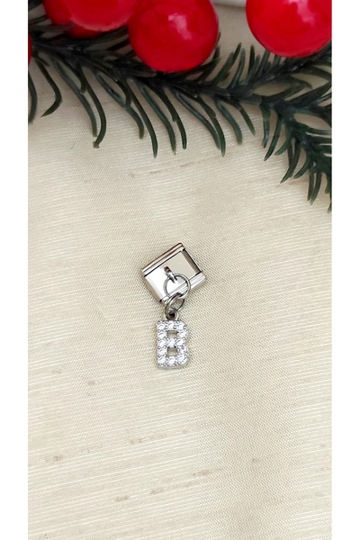 DİAVENTA TAKI VE AKSESUAR Steel Zircon Stone B Letter Charm – Italian Bracelet Compatible – 316L Shiny Steel