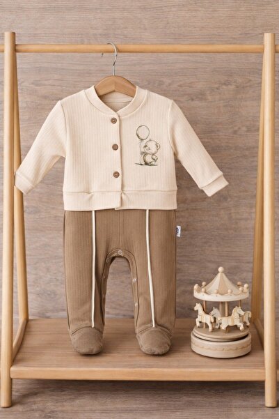 Minelia Kids Yenidoğan Erkek Bebek %100 Pamuk Patikli Tulum – Krem Haki / Kre...