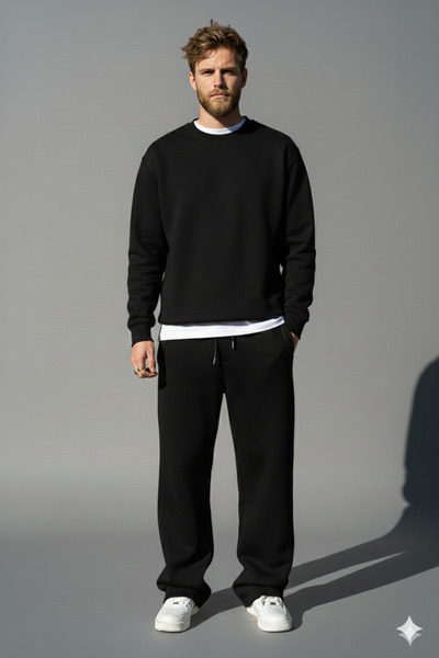 NİCE Crew Neck Baggy Tracksuit Set |   Winter Thick 3 Thread Sh Fleece-Lined Wide Leg Sweatpant Bottom Top Set