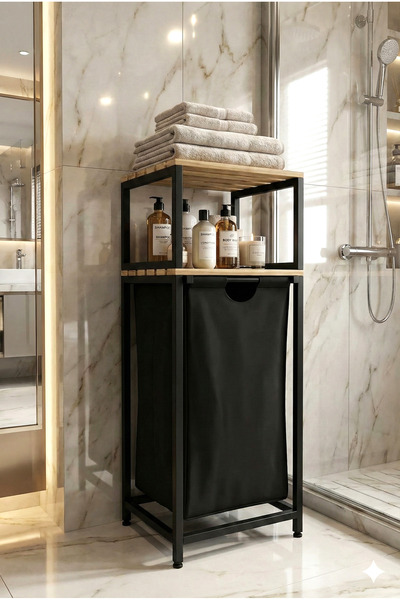 miyuhome Büyük Boy Ahşap Raflı Metal Kızaklı Çamaşır Sepeti 2 Raflı Kirli Sepeti Büyük Boy 40 Lt Kirli Sepeti