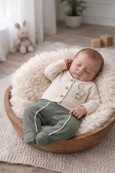 Minelia Kids Newborn Baby Boy 100% Cotton Booties Romper – Cream Khaki / Cream Light Brown 0-3 Months