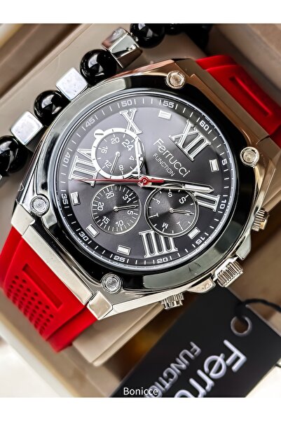 Ferrucci Sports Men's Wristwatch, Functions Active, Red Silicone Cord with Calendar + Bracelet