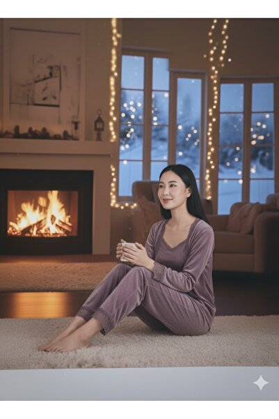 İpek Women's Velvet Triple Robe Solid Color Pajama Set