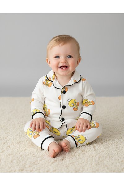 minço bebe Girl Boy Baby Chick Printed Button 100% Cotton Pajama Set