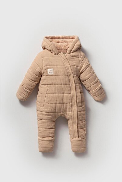 Magu Unisex Baby Beige Quilted Hooded Jumpsuit – Winter Model with Zipper and Pockets