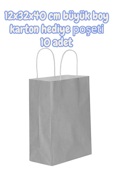 SEYFİKİRTASİYE GÜMÜŞ RENK 12x32x40 cm büyük boy karton hediye poşeti 10 adet