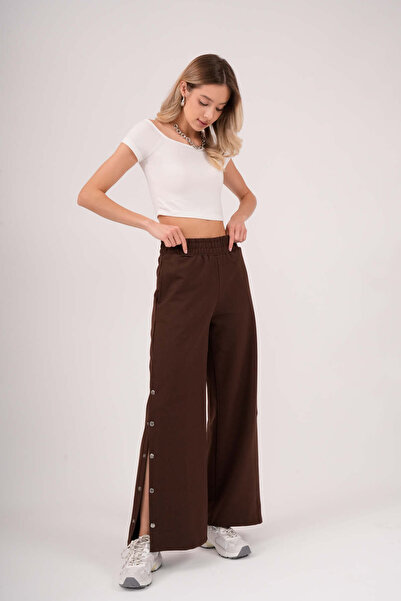 PONÇİK Women's Two Thread Combed Cotton Wide Leg Trousers with Side Snap Pock...