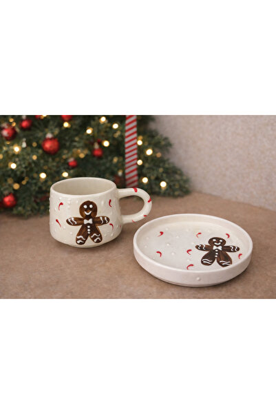 CEZVE HOME Christmas Themed Cookie Man Handmade Ceramic Mug with Plate Coffee Tea Cup - Single Serving
