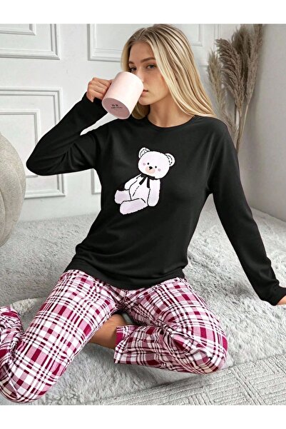 CARLA MARA Plaid Pattern Teddy Bear Printed Long Sleeve Pajama Set