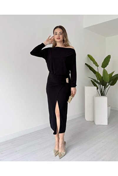 tiamoda BELINDA - Kayık Yaka Broş Detaylı Midi Elbise