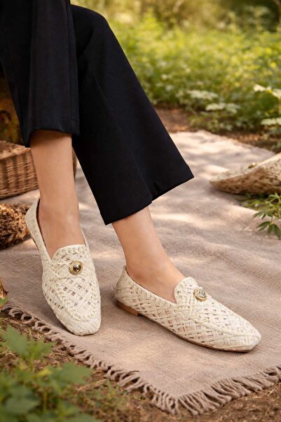 VİP SMR MODA 99 Ecru Knitted Women's Ballet Flats