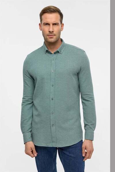 SÜVARİ Haki Slim Armürlü Düğmeli Yaka Gömlek