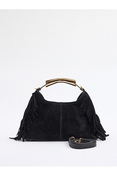LOTUSVİE Kadın Siyah Hakiki Süet Püsküllü Gold Metal Saplı Omuz ve El Çantası