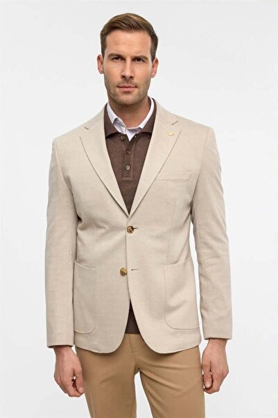 SÜVARİ Bej Slim Desenli Mono Yaka 6 Drop Ceket