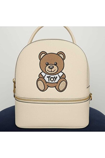 Diva Exclusive Fashion Women's Cream Genuine Leather Backpack with Teddy Bear Embroidery and Zipper Closure
