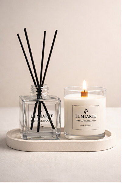 Lumiarte 3’lü Tepsili Set | 250 ml Ahşap Fitilli Bardak Mum + 100 ml Çubuklu ...