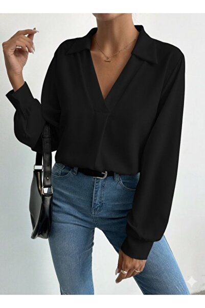 Moda Ebrar Kadın V Yaka Uzun Kollu Mosskrep Kumaş Bluz