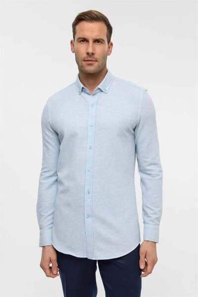 SÜVARİ Buz Mavi Slim Armürlü Düğmeli Yaka Gömlek