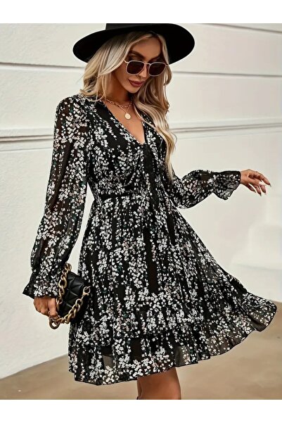 Femella Women Fashion Women's Long Sleeve V-Neck Ruffled and Lace-Up Chiffon Mini Dress