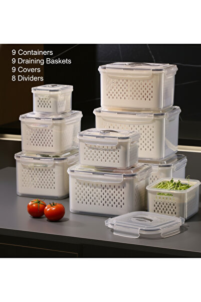 YAH Creation 9 YAH Storage Boxes + 9 Draining Baskets Set / 18 containers - A...