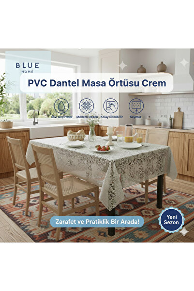 Blue Home Dantel Görünümlü Kolay Temizlenir Kaymaz Sıvı Geçirmez Deliksiz Pvc...