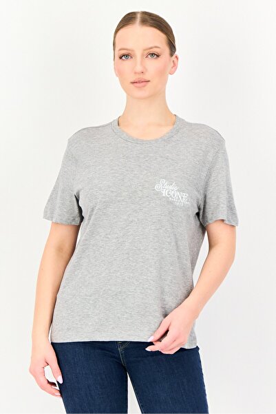 Brave Soul Women Crew Neck Short Sleeve Embroidered T-shirts, Grey