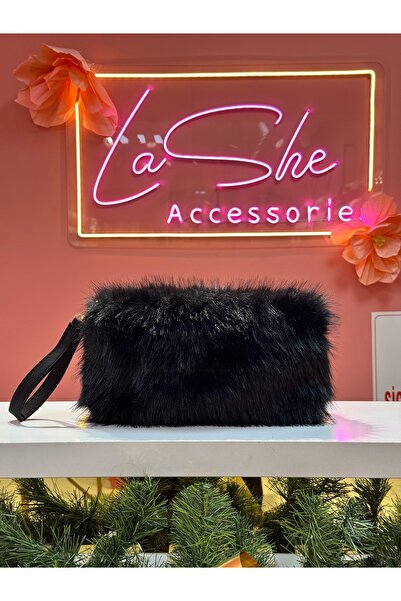 La She Accessories Black Plush Bag in Rectangular Shape