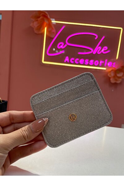 La She Accessories Gri simli çift taraflı kartlık