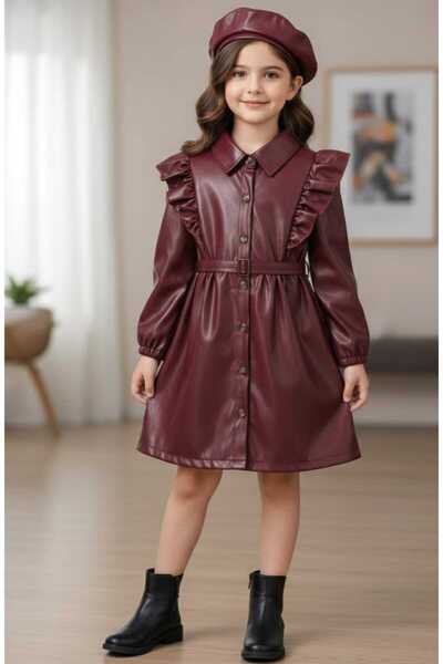 zavera for kids Set de trei piese pentru fetiță, rochie din piele cu cu căptușeală din fleece bretele și beretă - pentru sărbători