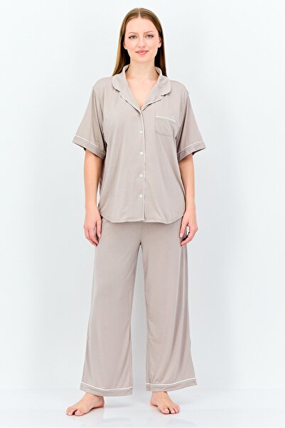 Flora By Flora Nikrooz Women 2 Piece Solid Top And Bottom Pajama Set, Taupe