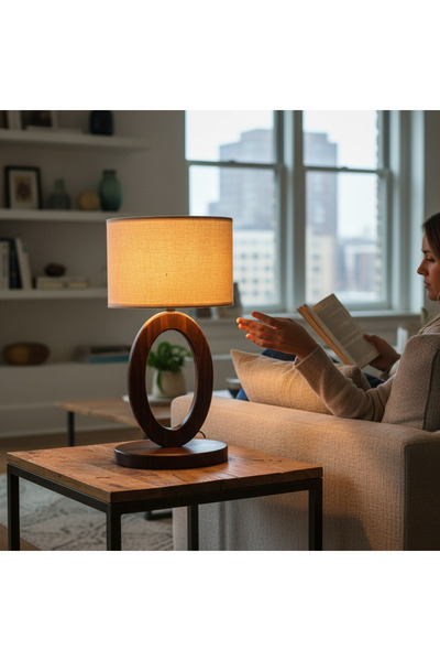 wood mix Oval Wooden Table Lamp with Linen Shade