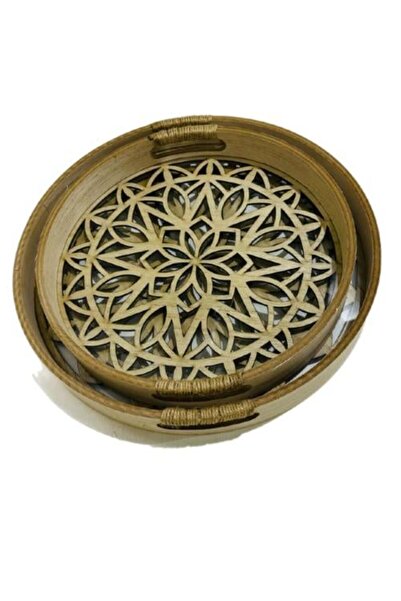 Generic Set of Round Wooden Serving Trays - 2 Pieces with Glass Base