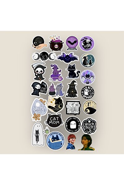 Limitless Design Gotik Cadı & Kedi Temalı Sticker Seti – 22x30 cm Dekoratif Laptop, Bavul, Kask Sticker