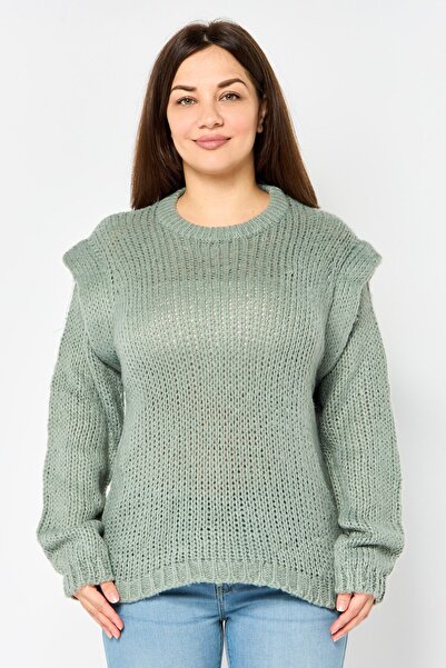 Brave Soul Women Crew Neck Crochet Sweater, Sage Green