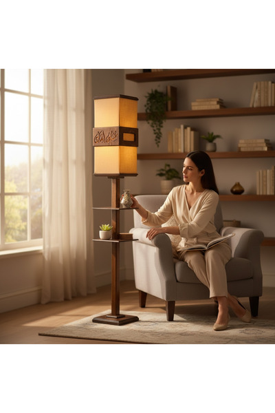 wood mix مصباح أرضي خشبي محفور حسب الطلب مع أرفف