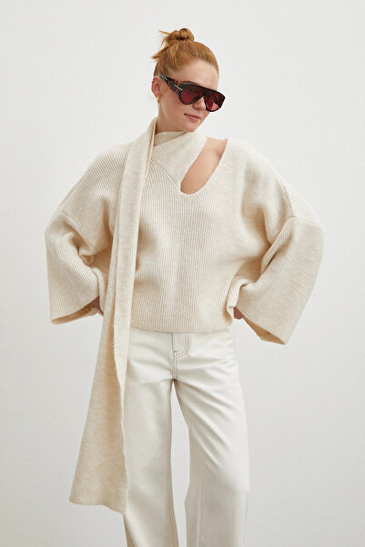 Never more Corded Fabric Shawl Collar Sweater Ecru