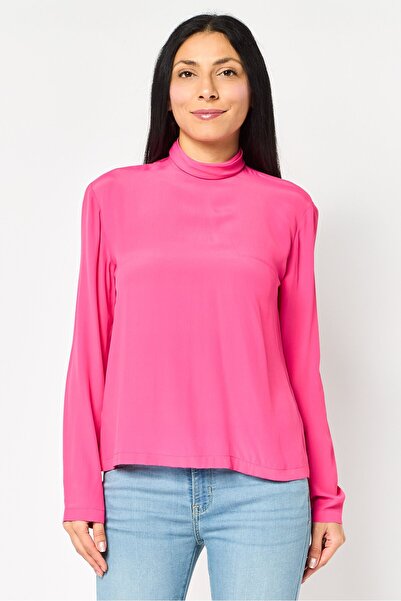 PİNKO بلوزات نسائية طويلة سادة بياقة عالية، لون وردي