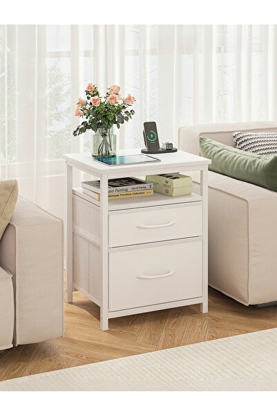 Venpara طاولة بجانب السرير مع درجين من القماش، ولوح MDF عالي الجودة مقاوم للماء وإطار معدني قوي