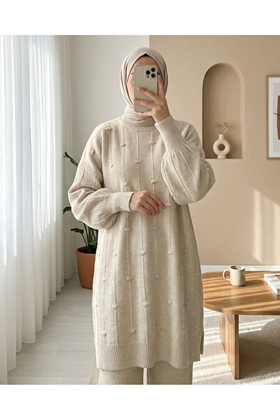 Modamorfo Soft Knitwear Sweater with Side Slits and Pompoms - Cream