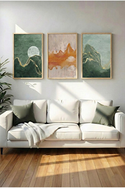 Dekorobi İskandinav Tarzı 3 Parçalı Tablo - Gold Efektli Dağ ve Dolunay Temalı Lüks Duvar Süsü
