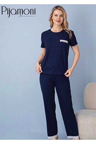 Pijamoni 5340-2 Lacivert dantel detaylı kadın pijama
