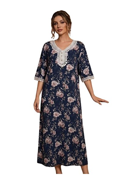 Comfort Navy Floral Full-Length Jalabiya – Soft Home Wear Dress with Lace Neck