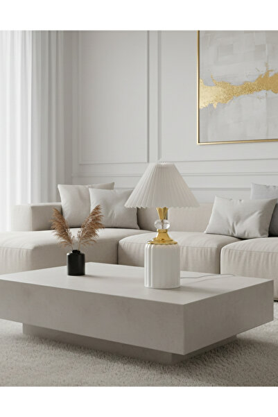 Decodelight White Ceramic Leg Crystal Stone Gold Detailed White Pleated Fabric Hat Lampshade Table Lamp