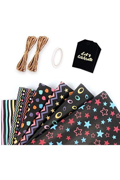 Arabest ٦ قطع من ورق تغليف هدايا عيد الميلاد الأسود، ورق تغليف هدايا لطيف بألوان زاهية ونجوم وخطوط لأعياد الميلاد