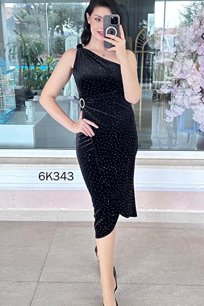 İnce Topuk One Shoulder Stone Velvet Dress 6K343