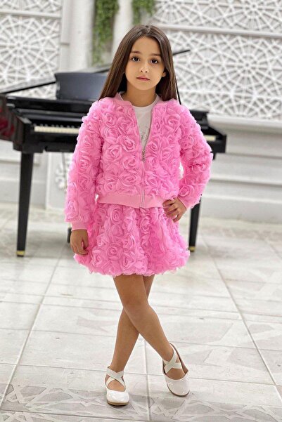 Minigimin Cicileri Set de 3 piese pentru fetiță, cu model de trandafiri, cu jachetă și pietre - roz