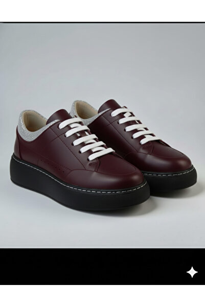 POOMA ​ Women's Burgundy Leather Glitter Detailed Thick Black Sole Lace-Up Sn...