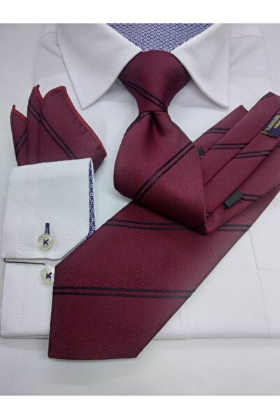 Gutiero Claret Red Patterned Classic Tie with Handkerchief