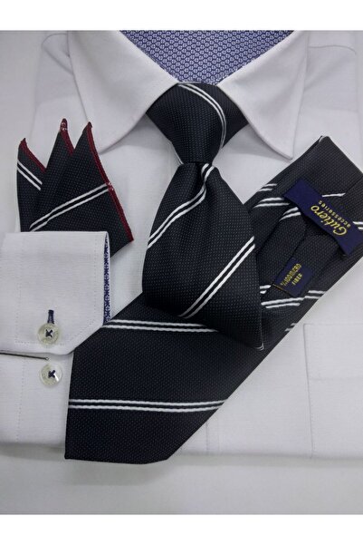 Gutiero Black Patterned Classic Tie with Handkerchief