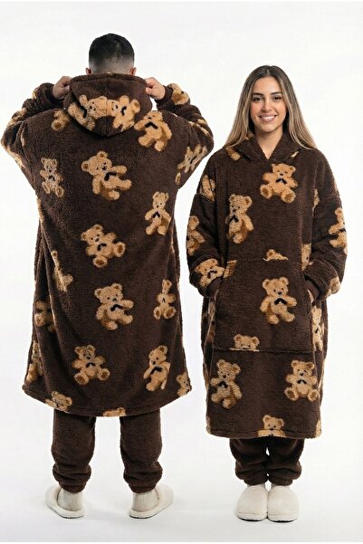 MBEY1989 Wellsoft Giyilebilir TEDDY Battaniye Kapüşonlu -Unisex KAHVERENGİ Sıcacık Tv Battaniyesi TEK EBAT